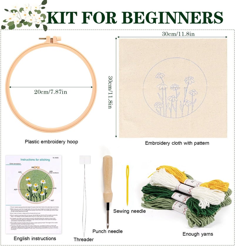 KESTAR Punch Needle Embroidery Starter Kits, Daisy Flower Punch Needle Kits for Adults Beginner, Needle Punch Kit Tool with Instruction Threader Fabric Yarns and Hoop - Image 5